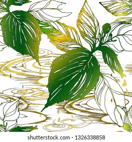Vintage hand drawn sketch style circles on the water pattern. Vector drawing green rain splash drops  on the river  Abstract rainy weather on transparent surface seamless. Drip liquid spring, summer
