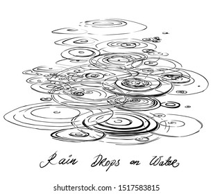 Vintage hand drawn sketch style circles on the water. Vector Ink drawing rain splash drops  on the river eps8 Abstract rainy weather on water surface.Drip liquid spot.Aqua splash.Rain season autumn. 