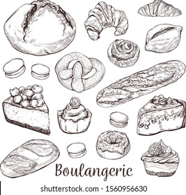 Vintage hand drawn sketch style bakery set. Different kinds of bread and pastry sweets on white background. Cakes, tarts, pie slices, donuts, cheescake, macaroons, buns and other testy bakery products