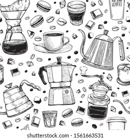Vintage hand drawn sketch style coffee makers pattern. Different kinds coffee mugs, coffee pots,coffee makers, glasses on white background with macaroons, coffee beans, and chocolate.