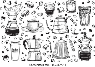 Vintage hand drawn sketch style coffee makers set. Different kinds coffee mugs, pots and coffee makers, glasses on white background with macaroons, coffee beans and chocolate.