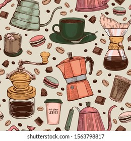 Vintage hand drawn sketch style coffee makers patten.Different kinds coffee mugs, pots and coffee makers, glasses on light background with macaroons, coffee beans and chocolate.Colorful, warm colors