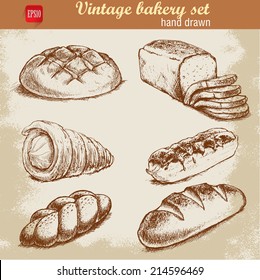 Vintage hand drawn sketch style bakery set. Bread and pastry sweets on grunge background.