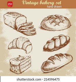 Vintage Hand Drawn Sketch Style Bakery Set. Bread And Pastry Sweets On Grunge Background.