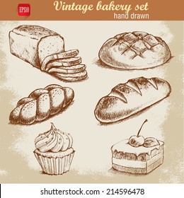 Vintage hand drawn sketch style bakery set. Bread and pastry sweets on grunge background.