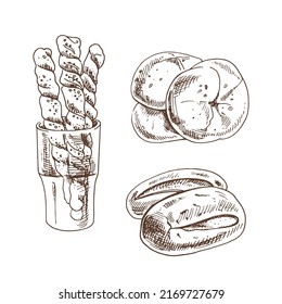 Juego de panadería de boceto pintado a mano. Pan y bollos sobre fondo blanco. Ilustración vectorial. Iconos y elementos para impresión, web, móvil e infografía.