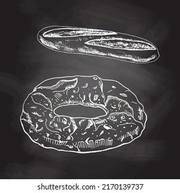 Vintage hand drawn sketch style bakery set. Bread and pretzel. White sketch isolated on black chalkboard. Icons and elements for print, labels, packaging.