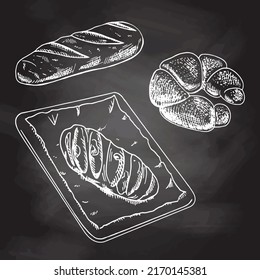 Vintage hand drawn sketch style bakery set. Bread, pastry sweets  and bage. White sketch isolated on black chalkboard. Icons and elements for print, labels, packaging.