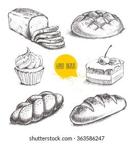 Vintage hand drawn sketch style fresh bakery set. Bread, cake with cherry and cream cupcake isolated on white background.