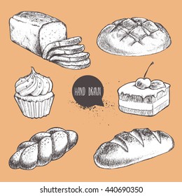 Vintage hand drawn sketch style fresh bakery set. Sliced bread, bun, loaf, cake with cherry and cream cupcake.