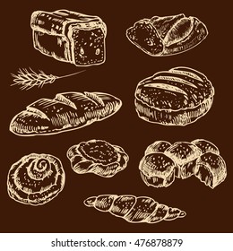 Vintage hand drawn sketch style bakery set. Set of fresh bread. Hand drawn illustration of bread  and bakery product. Bakery  hand drawn collection. Vector brown and beige engraving  illustration.