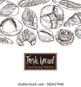 Vintage hand drawn sketch style bakery set. Different kinds of bread and pastry sweets on white background.