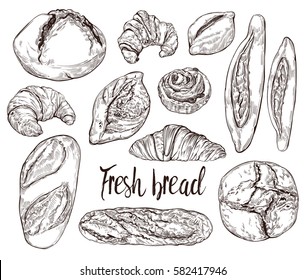 Vintage hand drawn sketch style bakery set. Different kinds of bread and pastry sweets on white background.