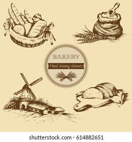 Vintage hand drawn sketch style bakery set. Vector illustration