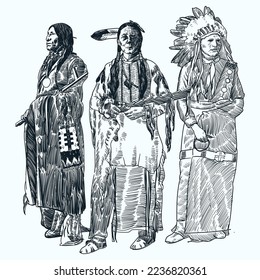 Vintage hand drawn sketch three native american chief