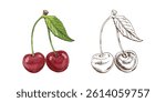 Vintage hand drawn sketch of two ripe cherries with green leaf, shown in both color and monochrome versions. Perfect for farm markets, food design, and organic product packaging