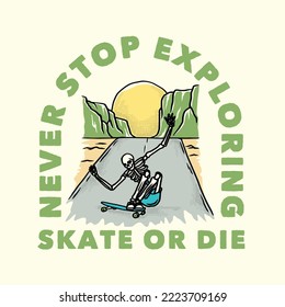 Vintage hand drawn skull skateboard summer mascot character.  Vector design for t-shirt prints, posters, and other uses.