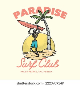 Vintage hand drawn skull surfing summer mascot character with a surfboard.  Vector design for t-shirt prints, posters, and other uses.