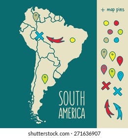 Vintage Hand drawn South America travel map with pins vector illustration