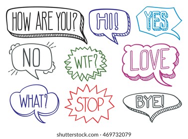 Vintage hand drawn speech bubbles with dialog words hi bye and stop. Vector illustration collection