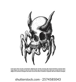 Vintage hand drawn spider with horned skull vector dark ark illustration