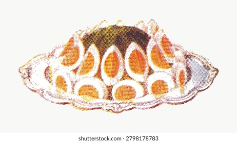 Vintage hand drawn spinach with eggs design element, illustration isolated on white, vector.