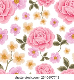 Vintage handgezeichnete Frühlingsblume nahtlose Muster Illustration mit Rose, Pfingstrose, Gänseblümchen, Blütenknospe, Wildblumen und grünen Blatt Zweig Elemente für Stoff, Geschenk-Verpackung Papier, und Dekoration