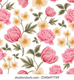 Vintage hand drawn spring flower seamless pattern illustration with rose, tulip, daisy, floral bud, wildflowers, and green leaf branch elements for fabric, gift wrapping paper, and decoration