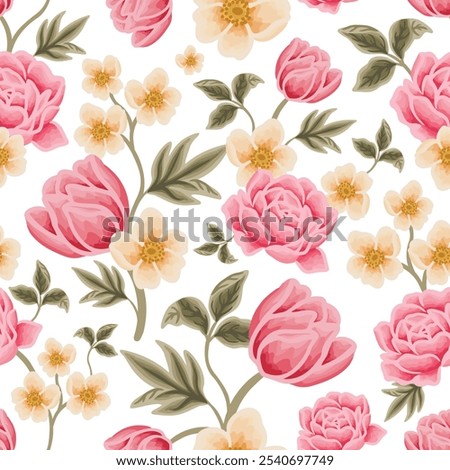 Vintage hand drawn spring flower seamless pattern illustration with rose, tulip, daisy, floral bud, wildflowers, and green leaf branch elements for fabric, gift wrapping paper, and decoration