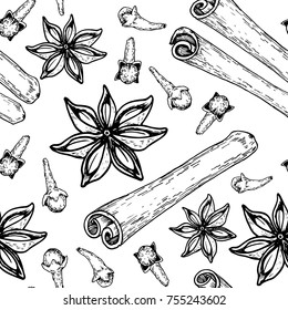 Vintage hand drawn Star Anise, cinnamon and clove seamless pattern on white. Dried Star Aniseed, cinnamon and clove. Used for Seasoning in Cooking.  Dessert  spice fruit and seeds. Vector illustration