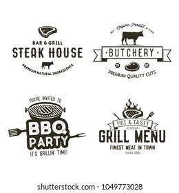 Vintage hand drawn steak house logo set, bbq party, barbecue grill badges, labels. Retro typography style. Butcher emblems design with letterpress effect.Vector illustration isolated on white