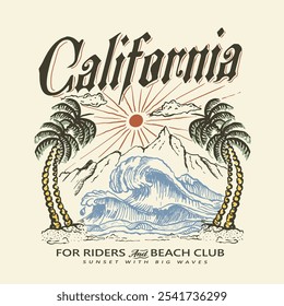 Vintage hand Drawn summer t shirt design. Big Waves under the mountain. vintage calligraphic text print. hand drawn mountain, waves, sea, sun, palm tree, vector graphic
