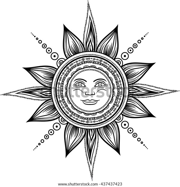 Download Vintage Hand Drawn Sun Eclipse Mehendi Stock Vector (Royalty Free) 437437423