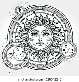 Vintage hand drawn sun, moon, night sky. Vector for coloring book, t-shirts design, tattoo, art. Sacred Geometry, Magic, Esoteric Philosophies. Vector illustration for commercial and personal use