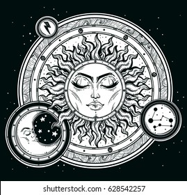 Vintage hand drawn sun, moon, night sky. Vector for coloring book, t-shirts design, tattoo, art. Sacred Geometry, Magic, Esoteric Philosophies. Vector illustration for commercial and personal use