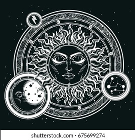 Vintage hand drawn sun, moon, night sky. Vector for coloring book, t-shirts design, tattoo, art. Sacred Geometry, Magic, Esoteric Philosophies. Vector illustration for commercial and personal use.