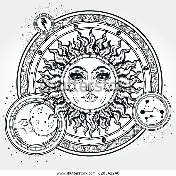 Vintage Hand Drawn Sun Moon Night Stock Vector (Royalty Free) 628542248