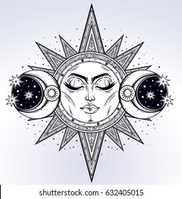 Vintage hand drawn sun, two moon, night sky. Vector for coloring book, t-shirts design, tattoo, art. Sacred Geometry, Magic, Esoteric Philosophies. Vector illustration for commercial and personal use.