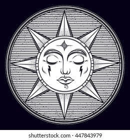 Vintage hand drawn sun. Vector illustration for coloring book, t-shirts design, tattoo.Vector illustration.    