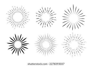 Vintage hand drawn sunburst collection. Fireworks or Radial sunset beams. Vector illustration