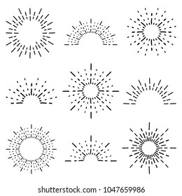 Vintage hand drawn sunburst explosion.  Light rays of burst. Decorative and design elements. Geometric shapes stars. Vector illustration