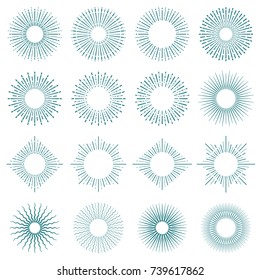 Vintage hand drawn sunbursts vector set. Sunshine with radiant lines retro frames. Illustration of radial sunshine circle emblem