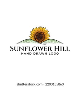 vintage hand drawn sunflower hill logo design suitable for sunflower farm, golf hill and etc