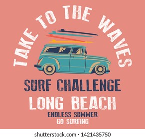 Vintage hand drawn surf car. Retro transportation with surfboard. Old style sufing automobile. Perfect for T-Shirt, travel mugs and otjer outdoor adventure apparel, clothing prints. Stock vector.