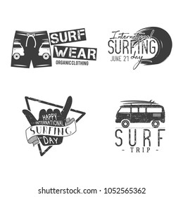 Vintage hand drawn surfing emblems. Surf t shirt templates. Summer tee graphics designs. Stock vector isolated on white