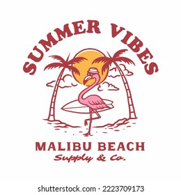 Vintage hand drawn surfing summer mascot character with a surfboard.  Vector design for t-shirt prints, posters, and other uses.