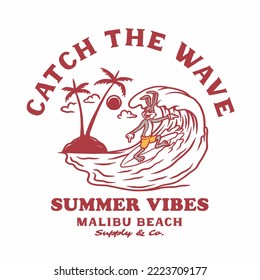 Vintage hand drawn surfing summer mascot character with a surfboard.  Vector design for t-shirt prints, posters, and other uses.