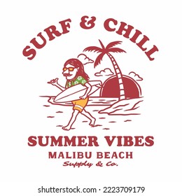 Vintage hand drawn surfing summer mascot character with a surfboard.  Vector design for t-shirt prints, posters, and other uses.