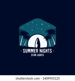 Vintage hand drawn surfing and travel concept for print. t-shirt, posters. Beach with palm trees and moon. Retro summer logo, unusual badge. Summer Nights star lights T-Shirt texts. Stock vector.
