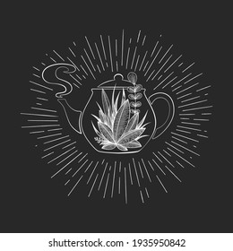Vintage hand drawn tea logo with teapot, leaves and branches isolated on black background. Natural design concept for label, emblem, packaging
